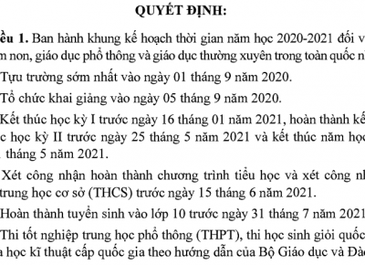 Khung kế hoạch thời gian năm học 2020 - 2021